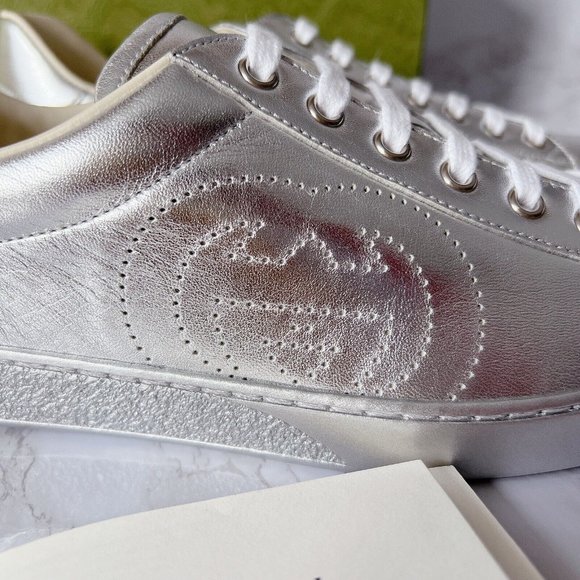 NIB Gucci Ace Mens Low top Interlocking GG Sneaker 660266 Silver Leather US 9.5 - Picture 5 of 14